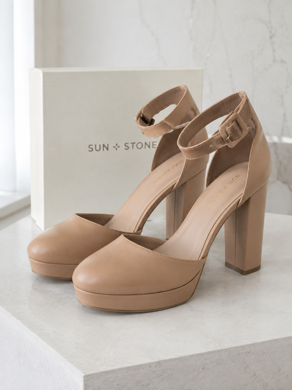 Sun + Stone Birdey Nude ankle-strap block-heel platform pumps, women’s 10.5M